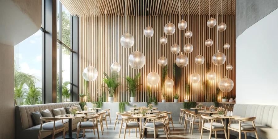 DALL·E 2024-03-10 17.32.02 - Create a wide-angled image of a modern cafe interior with a white wall adorned with vertical wooden slats of varying lengths, creating a textured thre