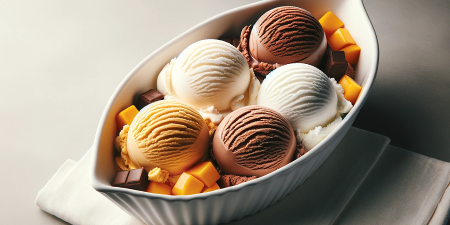 DALL·E 2024-03-25 11.26.39 - Four creamy ice cream scoops, showcasing luxurious textures and flavors like salted caramel, rich chocolate, creamy vanilla, and exotic mango, arrange